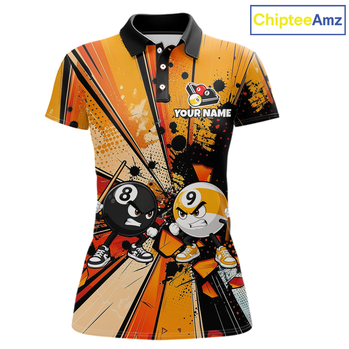Funny 8 Ball & 9 Ball Billiard Polo featuring humorous cue sports artwork, personalized pool team name, custom league jersey, moisture-wicking athletic fabric, fun tournament apparel, billiard club clothing.