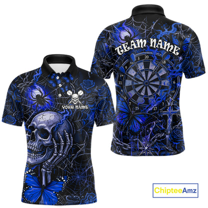 Custom Blue Skull Butterfly Mens Dart Shirts Spider Smoke Dartboard Darts Polo & 1/4-Zip Jerseys NYN3077