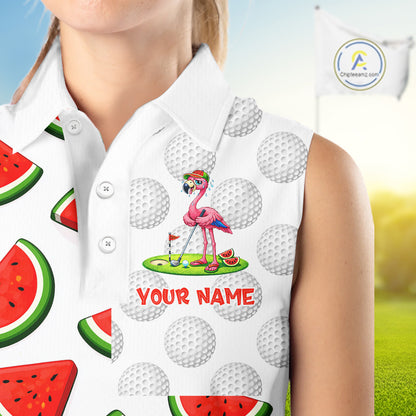Tired Flamingo Watermelon Womens Sleeveless Golf Polo Shirts Custom Funny Golfing Flamingo Golf Shirts NYN2882