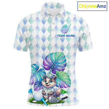 Load image into Gallery viewer, Funny Mens Golf Polo Shirt Holographic Argyle Monstera Golf Ball Personalized Raccoon Golf Shirts NYN3094
