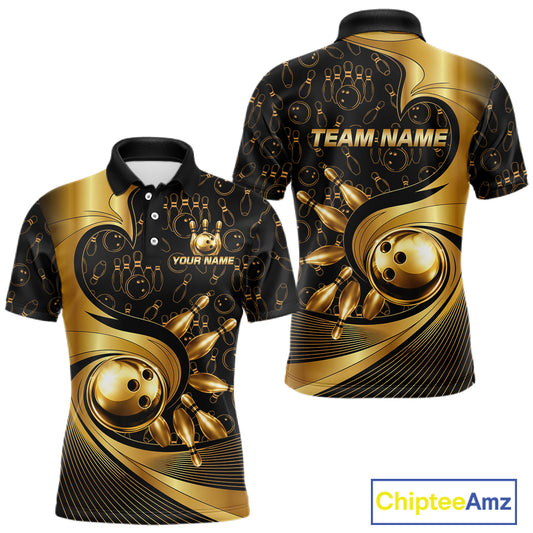 Black And Gold Strikes Bowling Ball & Pins Shirt For Men Custom Bowling Team Attire NYN3275