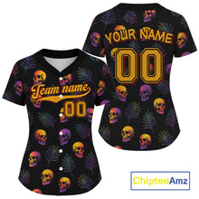 Load image into Gallery viewer, Custom Black And Yellow Skull Baseball Halloween Shirt For Women Skull Baseball Jerseys NYN1468