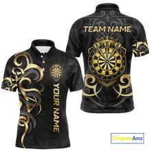 Load image into Gallery viewer, Custom Black And Gold Crown Dartboard Darts Men Polo 14-Zip Shirt, Polynesian Tribal Darts Attire NYN3119