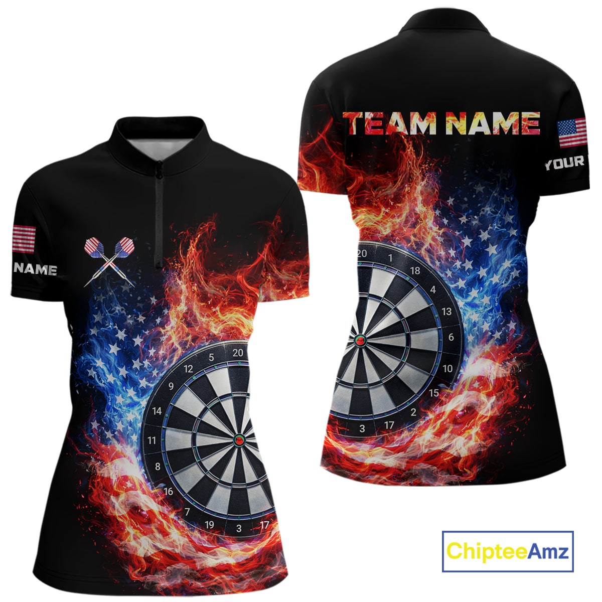 American Flag Fire Flame Smoke Dartboard Women Darts 1/4-Zip Shirt Custom Dart Team Jersey Gifts NYN2537