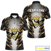 Load image into Gallery viewer, Grey, Black And Gold 8 Ball Crown Billiard Polo &amp; 1/4 Zip Shirt For Men Custom Pool Team Jersey NYN2921
