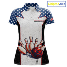 Load image into Gallery viewer, Grunge Patriotic Bowling Jerseys For Women Custom US Flag Bowling Polo 1/4-Zip Shirt, Gift For Bowlers NYN3126