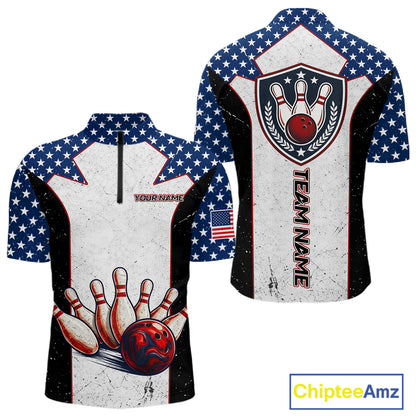 Grunge Patriotic Bowling Jerseys For Men Custom US Flag Bowling Polo 1/4-Zip Shirt, Gift For Bowlers NYN3126