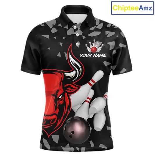 Funny Bull Grunge Red Bowling Polo & 1/4 Zip Shirts For Men Custom Outftis Team Bowling Jerseys NYN3129