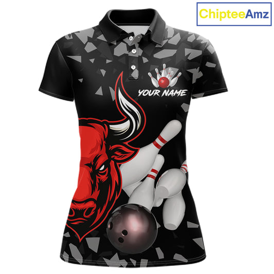 Funny Bull Grunge Red Bowling Polo & 1/4 Zip Shirts For Women Custom Outftis Team Bowling Jerseys NYN3129