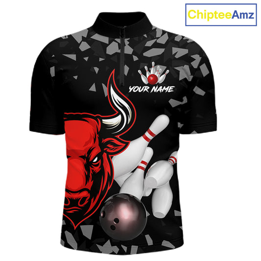 Funny Bull Grunge Red Bowling Polo & 1/4 Zip Shirts For Men Custom Outftis Team Bowling Jerseys NYN3129