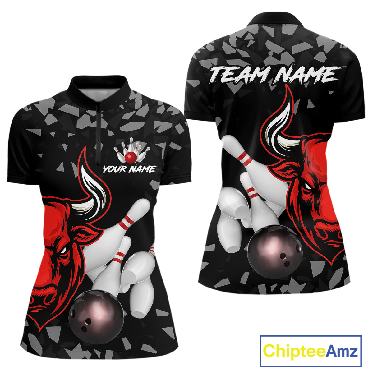 Funny Bull Grunge Red Bowling Polo & 1/4 Zip Shirts For Women Custom Outftis Team Bowling Jerseys NYN3129