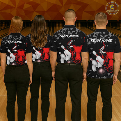 Funny Bull Grunge Red Bowling Polo & 1/4 Zip Shirts For Women Custom Outftis Team Bowling Jerseys NYN3129