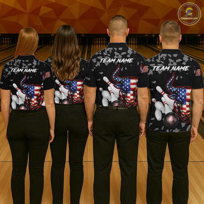 Funny US Flag Bull Grunge Bowling Polo & 1/4 Zip Shirts For Women Custom Team Bowling Jerseys NYN3130
