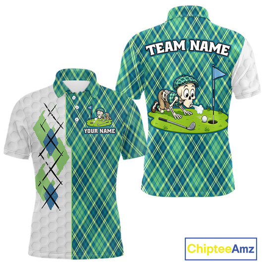 Plaid Argyle polo shirt with cartoon design and customizable text on a white background

