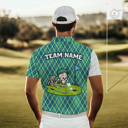 Green And Blue Argyle Golf Apparel Funny Skeleton Golf Polos For Men Custom Golf Team Outfits NYN3323