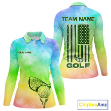 Load image into Gallery viewer, Rainbow tie dye golf polo long sleeve shirt for women colorful smoke golf team apparel