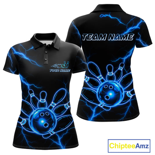 Blue Lightning Thunder Neon Bowling Polo Shirt For Women Custom Bowling Team Jersey Personalized League Bowler Apparel