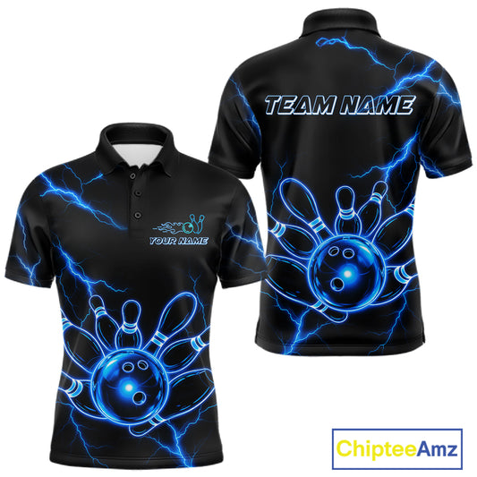 Blue Lightning Thunder Neon Bowling Polo Shirt For Men Custom Bowling Team Jersey Personalized League Bowler Apparel