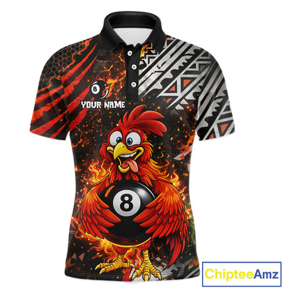 Funny Rooster Plays Pool 8 Ball 3D Billiard Shirt For Men Custom Grunge Flame Billiard Team Attire NYN2566