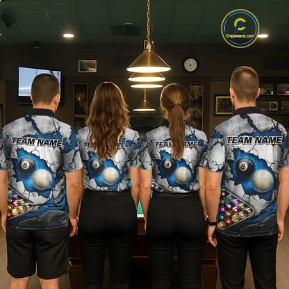 Blue And Grey Cracked 8 Ball Billiard Polo & 1/4 Zip Shirt For Men Custom Billiard Pool Team Shirt NYN2942