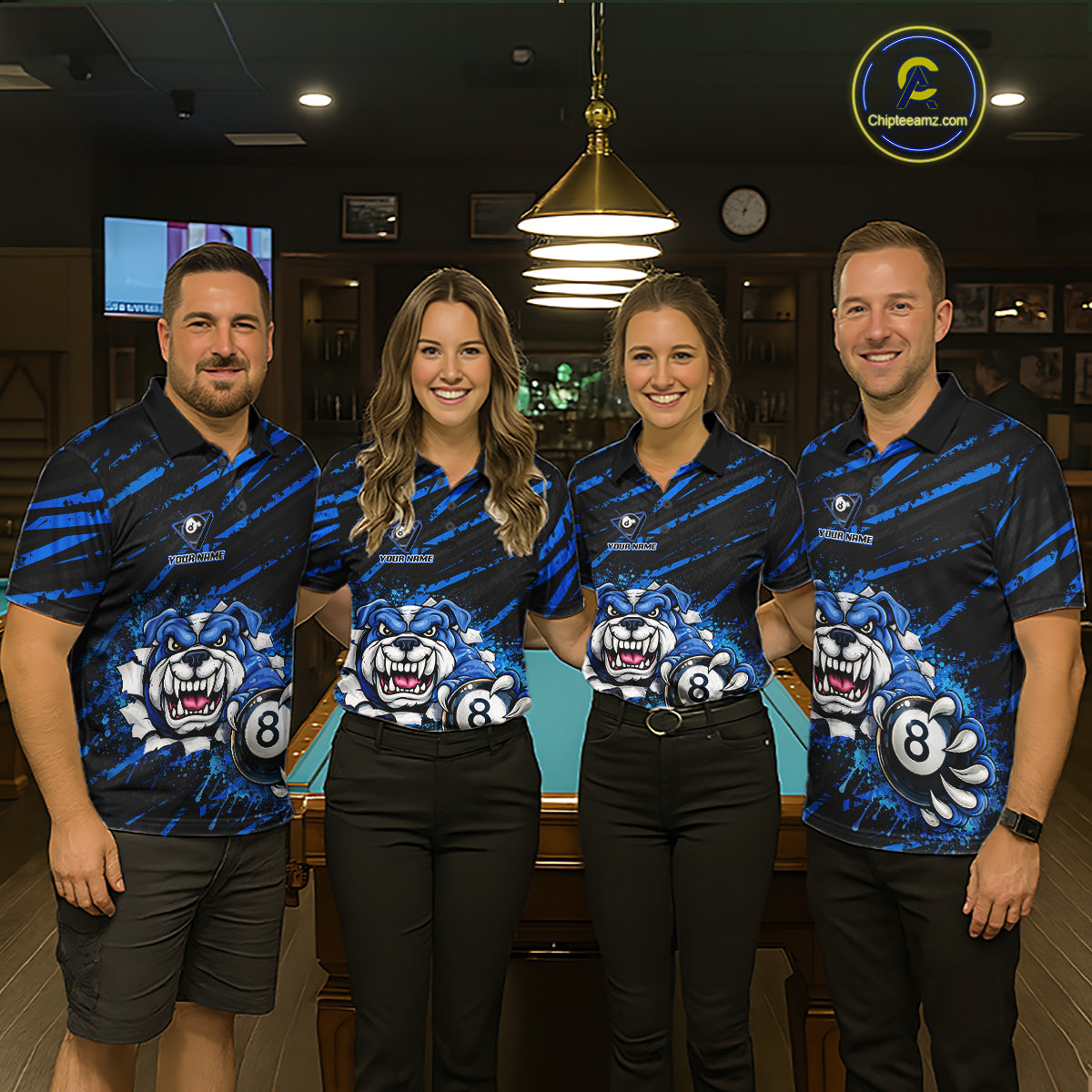 Blue Splatter Ball 8 Billiard Jerseys For Women Custom Funny Bulldog Billiard Team Jersey NYN2319