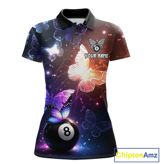 Multi-Color Butterfly 8 Ball Pool Polo & 1/4 Zip Shirts For Women Custom Pool Billiard Team Jerseys NYN2972