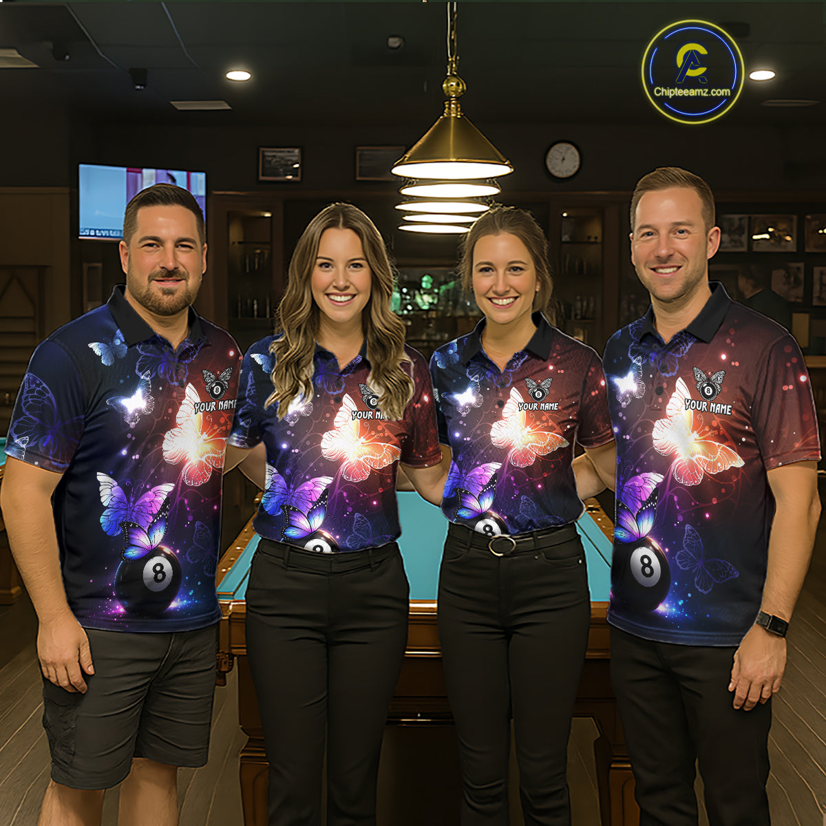 Multi-Color Butterfly 8 Ball Pool Polo & 1/4 Zip Shirts For Men Custom Pool Billiard Team Jerseys NYN2972