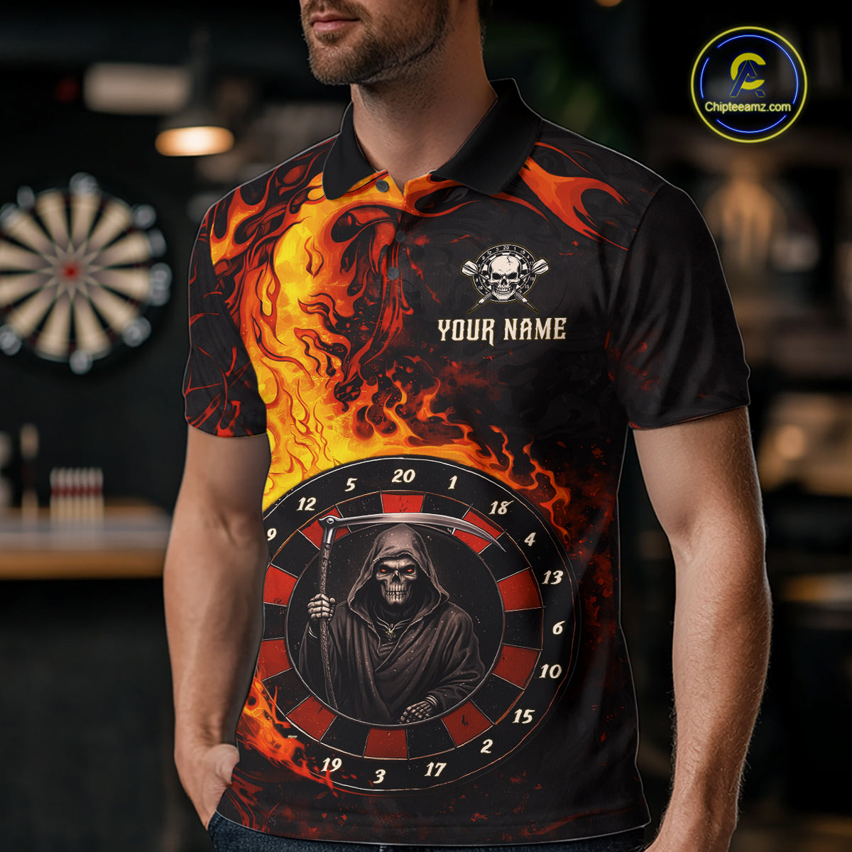 Grim Reaper Red Flaming Dartboard Men Darts Polo Shirt Personalized Grunge Darts Team Jerseys NYN2600