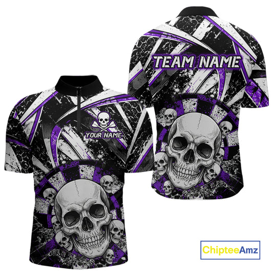 Black & Purple Dartboard Grunge Men Darts 1/4-Zip Shirts Custom Multi-Skull Dart Team Jerseys NYN2350