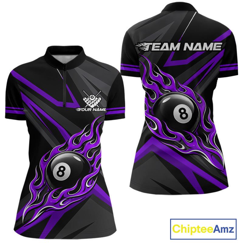 Fire Flame 8 Ball Billiard Team Shirt For Women Custom Black And Purple Pool Billiard Team Jersey NYN3968