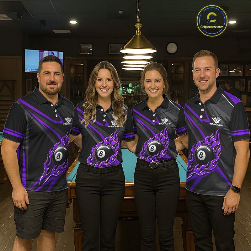 Fire Flame 8 Ball Billiard Team Shirt For Men Custom Black And Purple Pool Billiard Team Jersey NYN3968