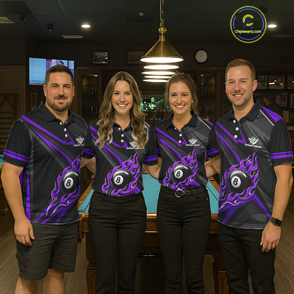 Fire Flame 8 Ball Billiard Team Shirt For Men Custom Black And Purple Pool Billiard Team Jersey NYN3968
