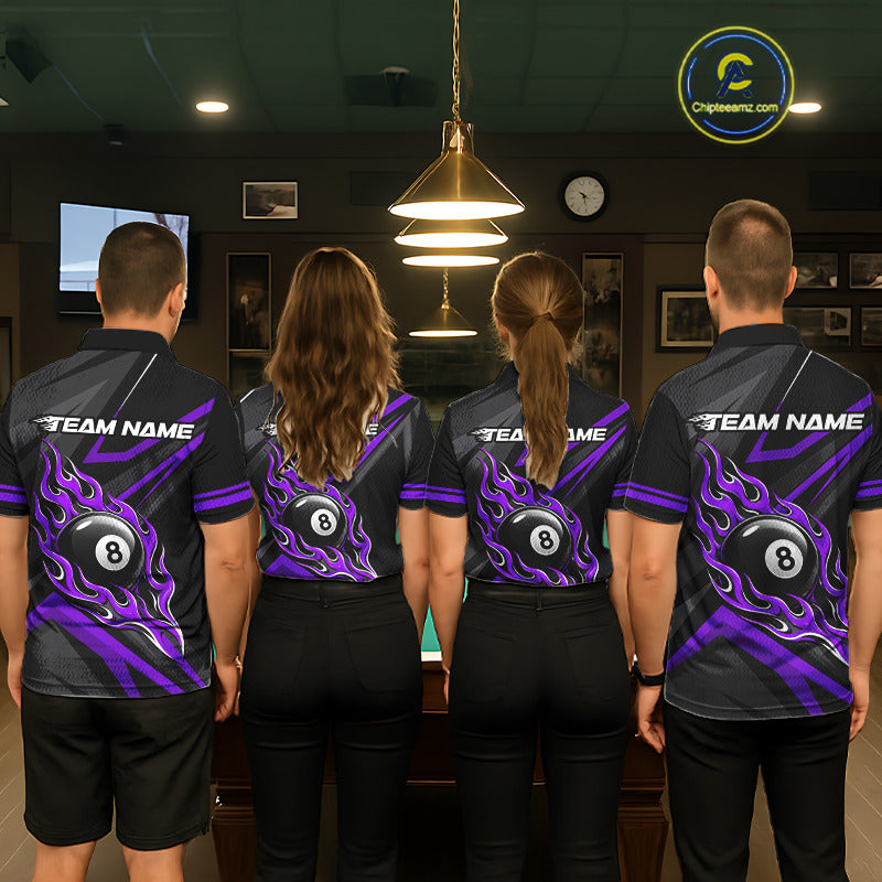 Fire Flame 8 Ball Billiard Team Shirt For Men Custom Black And Purple Pool Billiard Team Jersey NYN3968