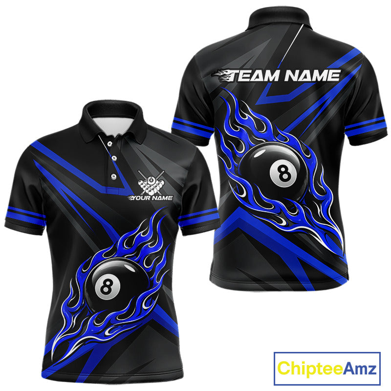 Fire Flame 9 Ball Billiard Team Shirt For Men Custom Black And Blue Pool Billiard Team Jersey NYN3969