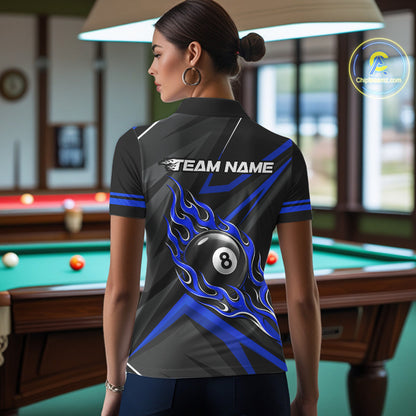 Fire Flame 9 Ball Billiard Team Shirt For Women Custom Black And Blue Pool Billiard Team Jersey NYN3969
