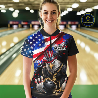 Custom American Flag Splatter Eagle Bowling Team Shirts For Men Patriotic Outfits Bowling Jersey NYN2779