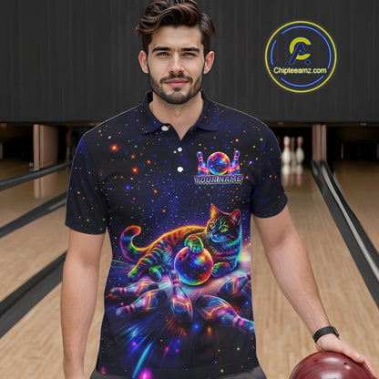 Funny Cat Bowling Polo Quarter-Zip Shirts For Men Custom Colorful Bowling Galaxy Team Jerseys NYN3417