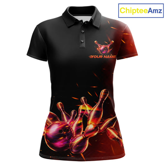 Women's bowling polo featuring flaming bowling ball and pins, personalized bowling tournament apparel for fire lovers, motorsport fans and competitive bowlers, symbolizing passion, courage, energy and victory.