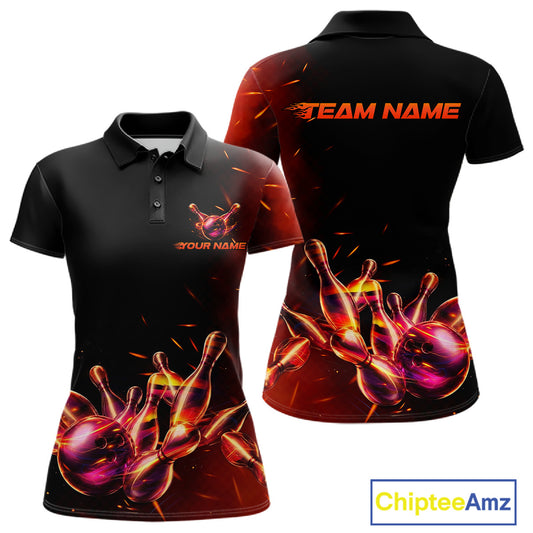 Women's bowling polo featuring flaming bowling ball and pins, personalized bowling tournament apparel for fire lovers, motorsport fans and competitive bowlers, symbolizing passion, courage, energy and victory.