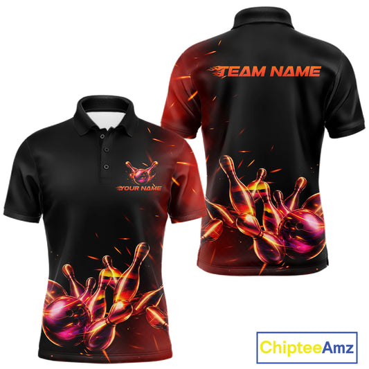 Men's bowling polo featuring flaming bowling ball and pins artwork, personalized bowling tournament shirt for fire lovers, racing enthusiasts and action sports fans, symbolizing passion, courage, energy and unstoppable momentum.