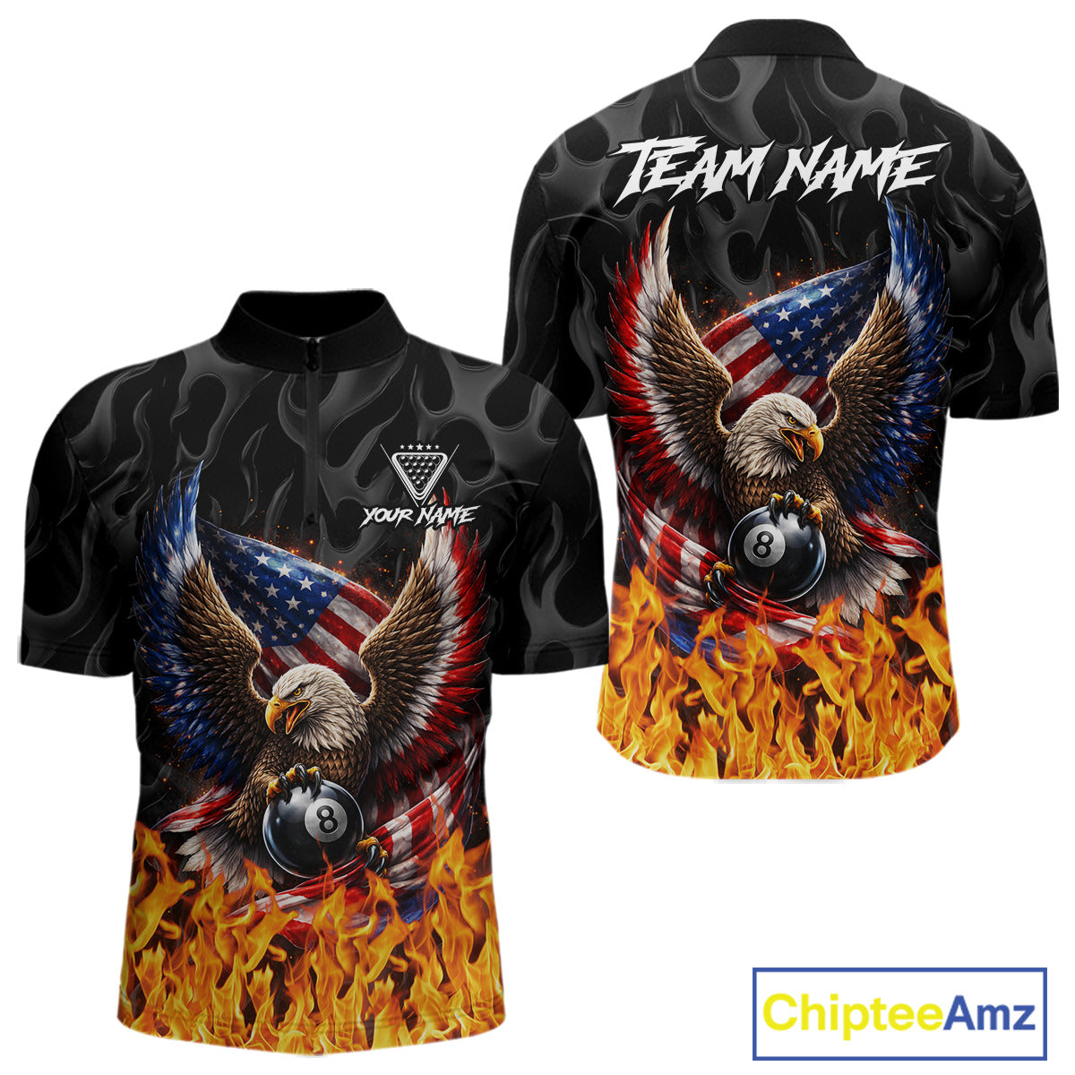 Personalized Fire Flame US Flag Eagle 8 Ball Pool Billiard Shirts For Men Patriotic Billiard Gifts NYN2793