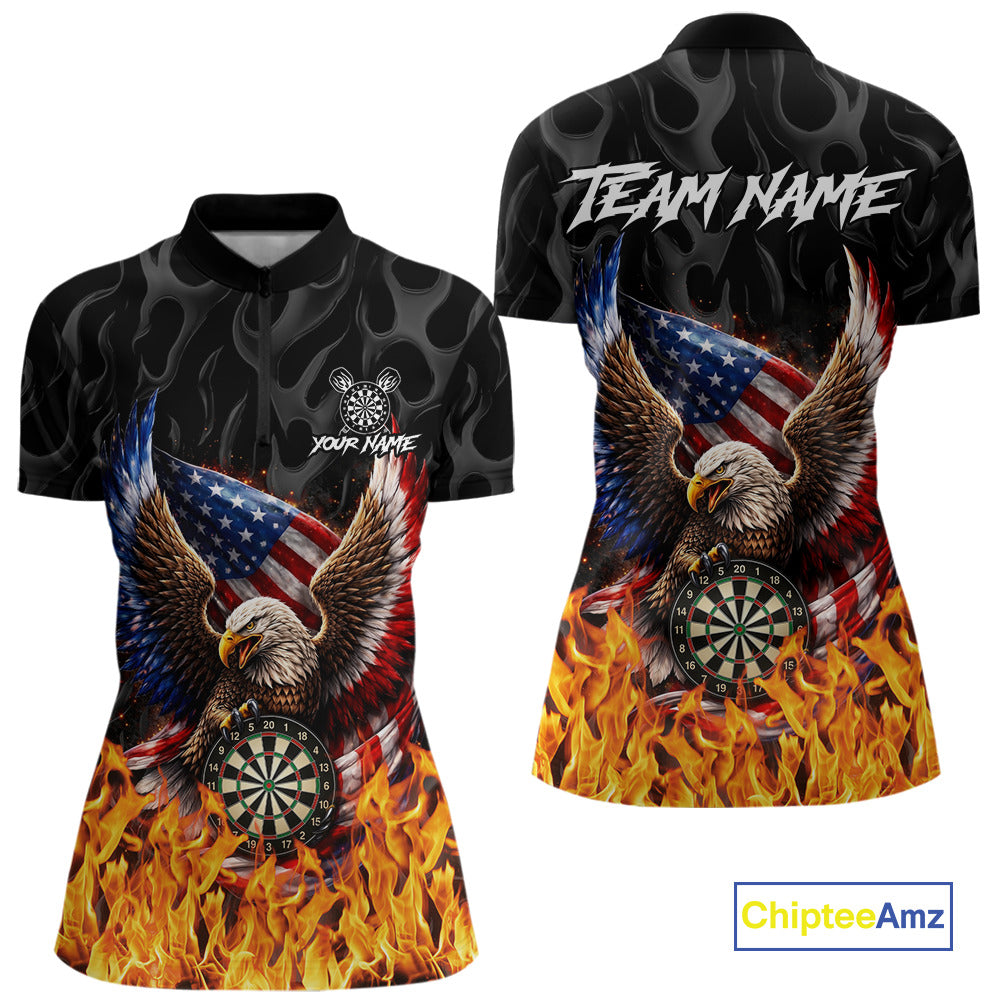 Personalized Fire Flame US Flag Eagle Dart Polo & 1/4-Zip Shirts For Women Patriotic Dart Gifts NYN2795