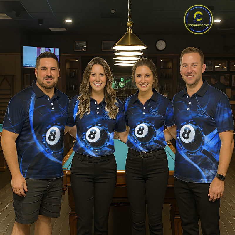Smoke Cracked Billiard 8 Ball Pool Shirt For Men Custom Billiard Polo & 1/4 Zip Team Attire | Blue NYN3423
