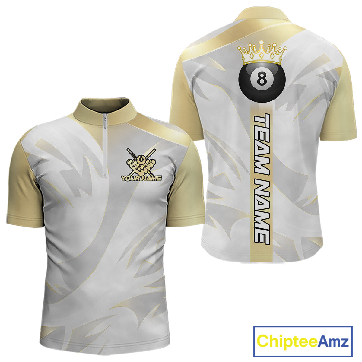 Personalized White And Gold Crown 8 Ball Pool Billiard Polo & 1/4 Zip For Men, Billiard Team Attire NYN3014