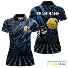 Load image into Gallery viewer, Funny 8 Ball &amp; 9 Ball Billiard Polo &amp; 1/4 Zip For Women Custom Pool Cue Pattern Billiard Jerseys |Blue NYN3018