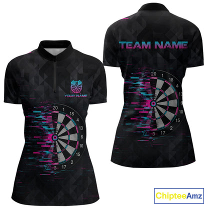 Pink And Blue Strike Dartboard Darts Polo 1/4-Zip Shirt For Women Custom Darts Team Jersey NYN4002