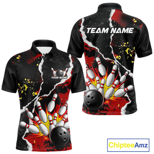 Grunge Black & Red Strike Bowling Ball & Pins Shirts For Men Personalized Bowling Team Outfits NYN3186
