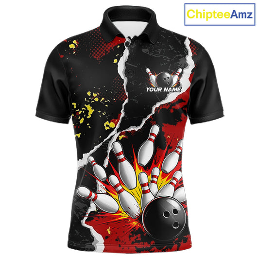 Grunge Black & Red Strike Bowling Ball & Pins Shirts For Men Personalized Bowling Team Outfits NYN3186