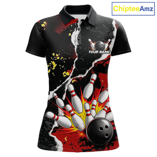 Grunge Black & Red Strike Bowling Ball & Pins Shirts For Women Personalized Bowling Team Outfits NYN3186