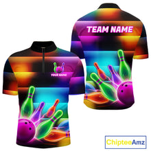 Load image into Gallery viewer, Neon light bowling team shirt for men colorful bowling ball and pins jersey